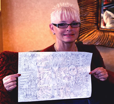 Gail drawing Doodle Art on St. Hubert's Placemat, Quebec City